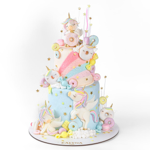 Детский торт с единорожками и вкусностями 2-х ярусный
